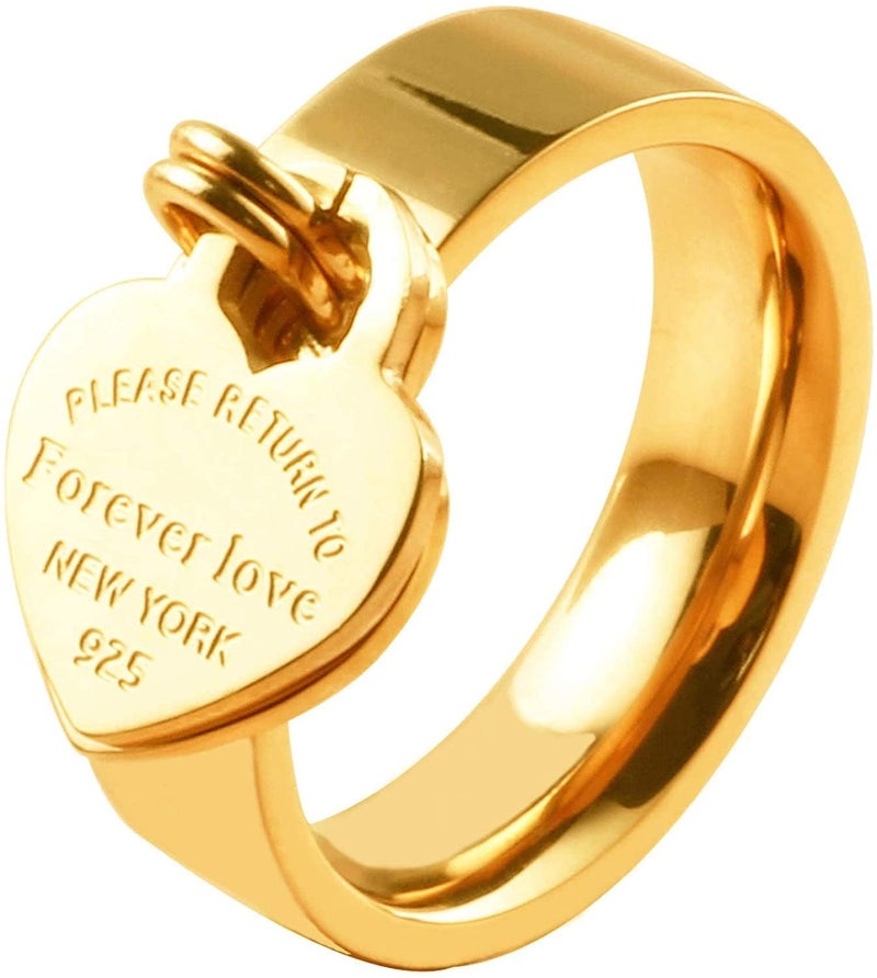 JINHUI Rings with Charms for Girlfriend, 6mm Heart Dangle Ring Graducation Gift 18k Gold Plated Ring Engraved Promise Ring Jewelry (Gold, 10) - Image 1