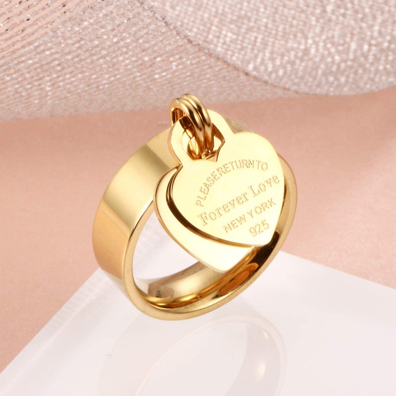 JINHUI Rings with Charms for Girlfriend, 6mm Heart Dangle Ring Graducation Gift 18k Gold Plated Ring Engraved Promise Ring Jewelry (Gold, 10) - Image 2