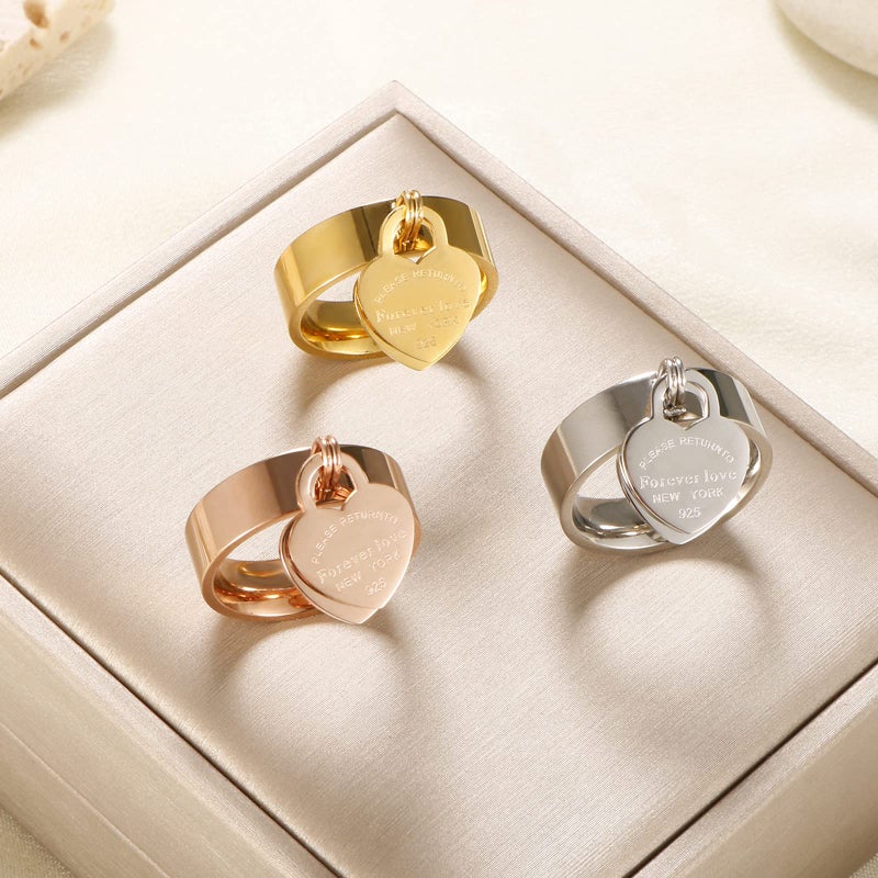 JINHUI Rings with Charms for Girlfriend, 6mm Heart Dangle Ring Graducation Gift 18k Gold Plated Ring Engraved Promise Ring Jewelry (Gold, 10) - Image 3