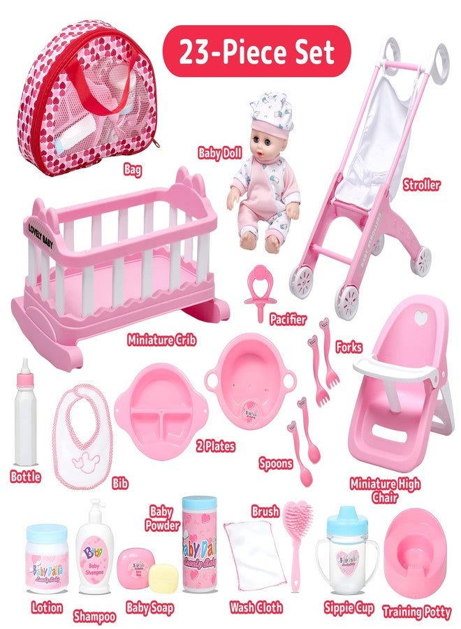 Prextex 23-Piece Baby Doll Accessories Set for Girls – Pretend Play Nursery Toy with Doll Stroller, Mini Crib, High Chair, Baby Doll, Feeding & Care Accessories, Pink Gift Set for Toddlers, Kids, - Image 5