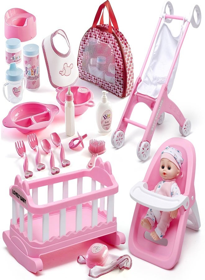 Prextex 23-Piece Baby Doll Accessories Set for Girls – Pretend Play Nursery Toy with Doll Stroller, Mini Crib, High Chair, Baby Doll, Feeding & Care Accessories, Pink Gift Set for Toddlers, Kids, - Image 1