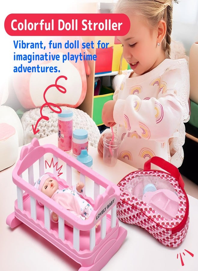 Prextex 23-Piece Baby Doll Accessories Set for Girls – Pretend Play Nursery Toy with Doll Stroller, Mini Crib, High Chair, Baby Doll, Feeding & Care Accessories, Pink Gift Set for Toddlers, Kids, - Image 4