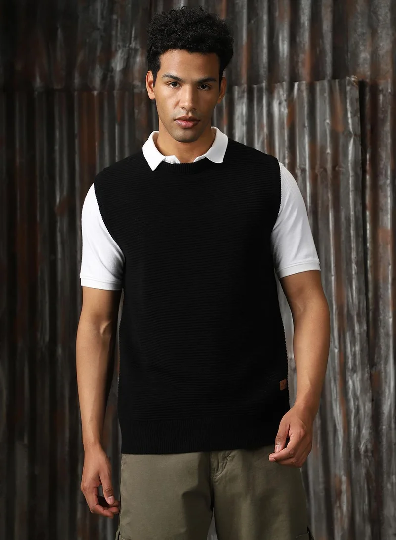 Men's Black 100% Acrylic Solid Relaxed Fit Sweater