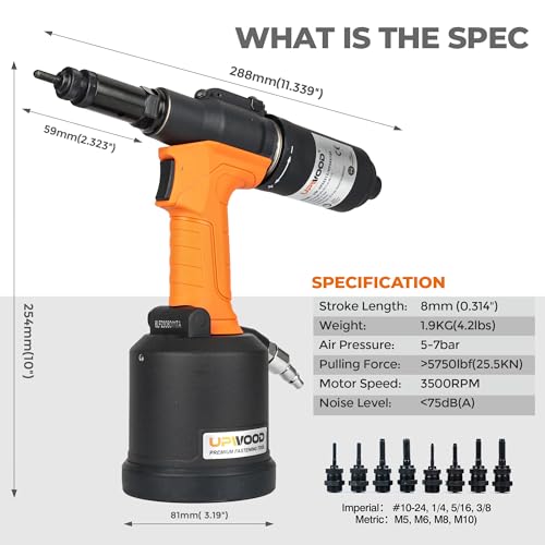 UPWOOD Heavy Duty Air Hydraulic Rivet Nut Tool with reversible button HPS6312F Pneumatic Riveter Automatic Rivet Nut Gun Tool Setting Kit Come with 8 Size Metric and SAE NosePiece Assembly - Image 3
