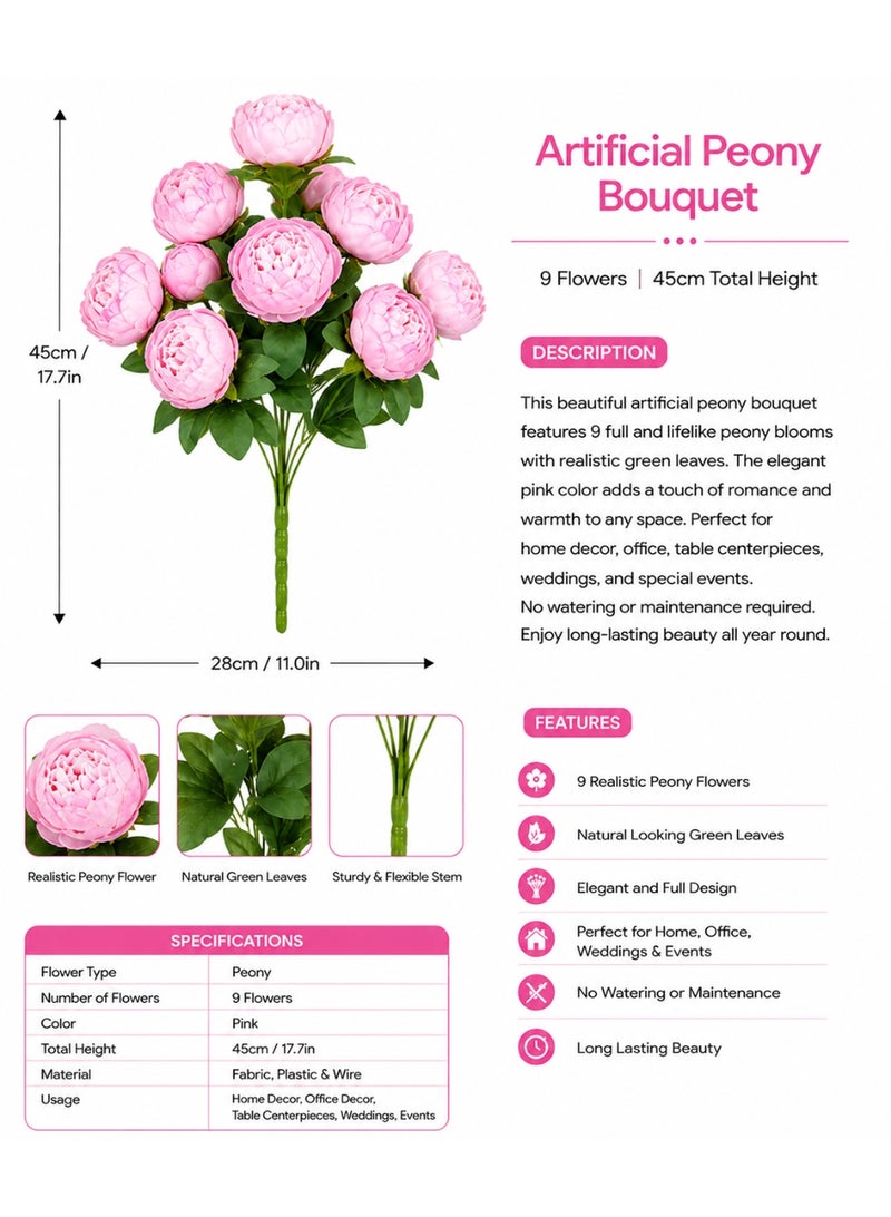 Artificial Flowers Peony Bouquet, 9 Heads, Light Pink Color, 45Cm, For Vase Decoration, Table Centerpiece And Home Decor - Image 2