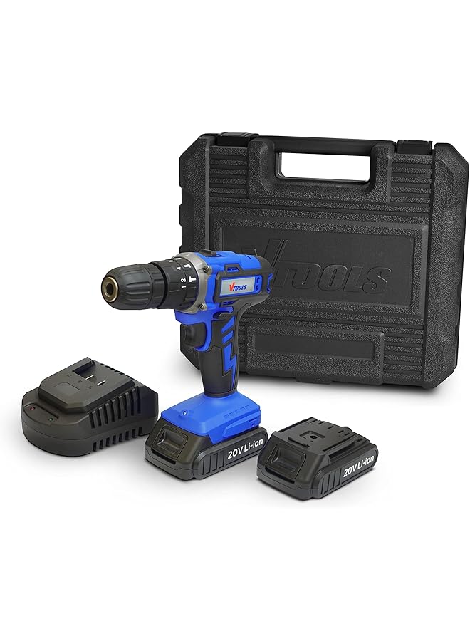 VTOOLS 20V Cordless Impact Drill With 2 Batteries And 1 Fast Charger 2 Variable Speed 10Mm Keyless Chuck 18+1 Torque Setting Bmc Case Vt1211 - Image 1