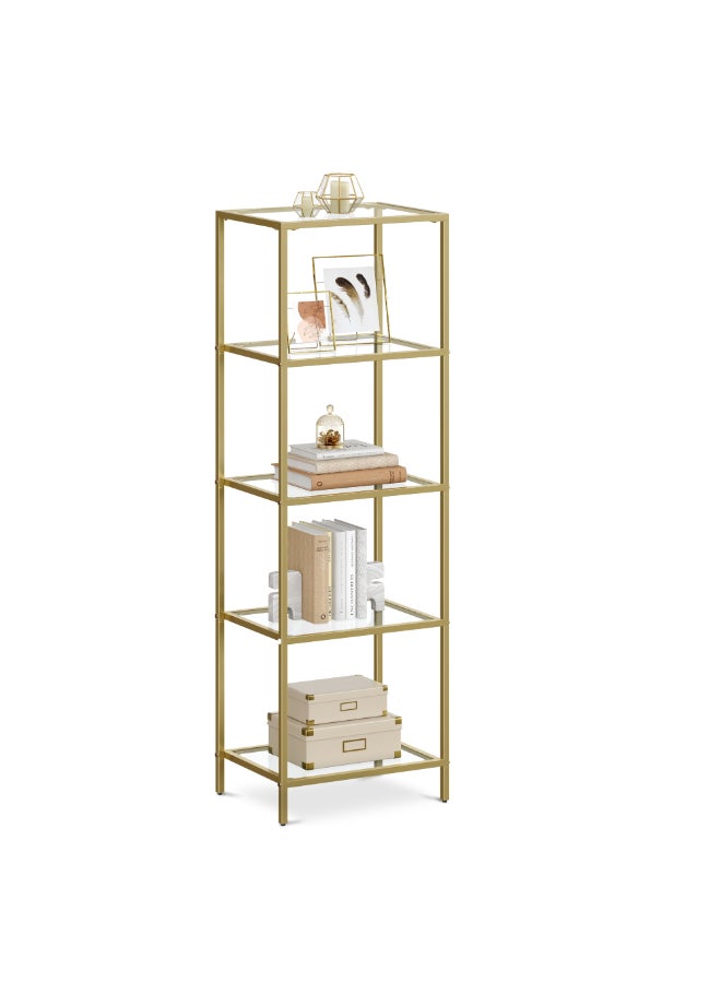 VASAGLE 5-Tier Glass Shelf, Bookshelf, Storage Rack, Tempered Glass, Easy Assembly, for Bathroom, Living Room, Bedroom, Office, Metallic Gold - Image 1