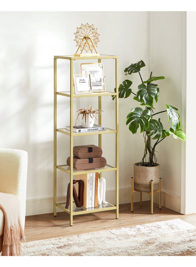 VASAGLE 5-Tier Glass Shelf, Bookshelf, Storage Rack, Tempered Glass, Easy Assembly, for Bathroom, Living Room, Bedroom, Office, Metallic Gold - Image 3