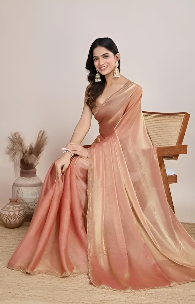 Sidhidata Women's Gajari & Gold Two Tone Soft Fandy Silk Saree with Hand Work Lace Border and Unstitched Blouse Piece - Image 2