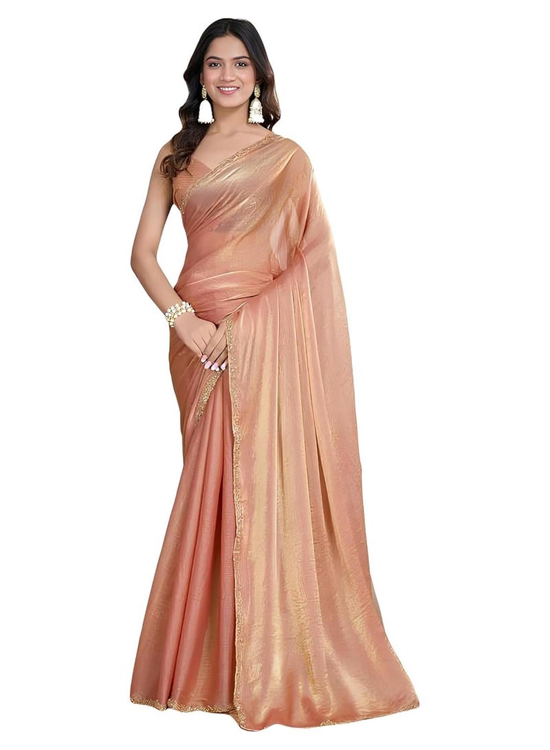 Sidhidata Women's Gajari & Gold Two Tone Soft Fandy Silk Saree with Hand Work Lace Border and Unstitched Blouse Piece - Image 1