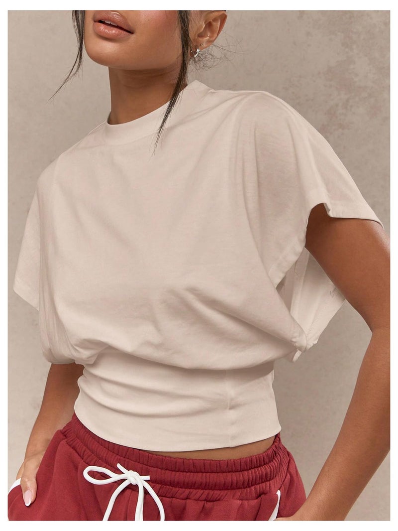 SHENHE Women's Cap Sleeve Dolman T Shirt Crew Neck Cinched Waist Loose Summer Crop Top Khaki X-Small - Image 2