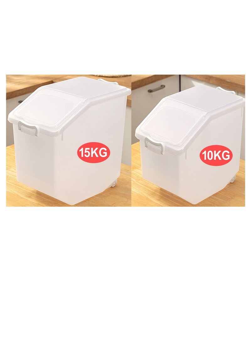 Rice Storage Containers 2pcs Set (10kg & 15kg) - Food Storage Container with Lid, BPA Free Plastic Large Cereal Storage Box, Multifunctional Containers for Kitchen with Measuring Cup