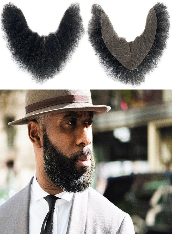 Voloria Human Hair Afro Curl Face Beard Mustache for American Black Men Realistic Makeup Lace Base Replace System 12 * 3Inch (1B Mixed 20% Grey Color) - Image 1