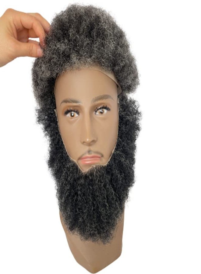 Voloria Human Hair Afro Curl Face Beard Mustache for American Black Men Realistic Makeup Lace Base Replace System 12 * 3Inch (1B Mixed 20% Grey Color) - Image 5