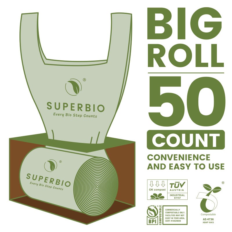SUPERBIO 1.6 Gallon Handle Tie Compostable Food Scrap Bags For Counter Top Compost Bin, Small Compost Bags, 50 Count, 6 Liter, BPI & OK compost INDUSTRIAL Certified - Image 4