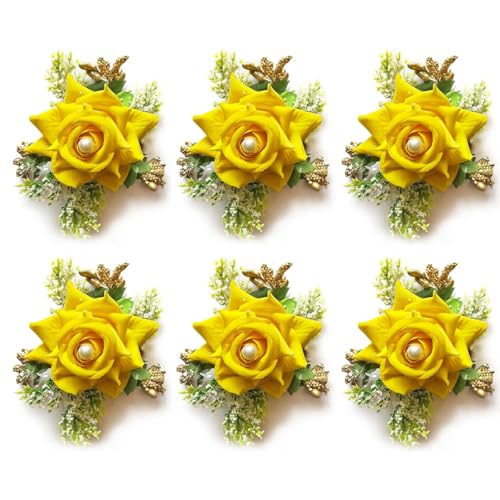 ADIKALA™ Handmade Artificial Fake Rose Flower Bunch, Flower Brooch Hamper, for Decoration, Gifting, Trousseau Packing | Fake Rose Head Flower Bunch Hamper (6, Yellow) - Image 2