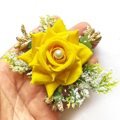 ADIKALA™ Handmade Artificial Fake Rose Flower Bunch, Flower Brooch Hamper, for Decoration, Gifting, Trousseau Packing | Fake Rose Head Flower Bunch Hamper (6, Yellow) - Image 1