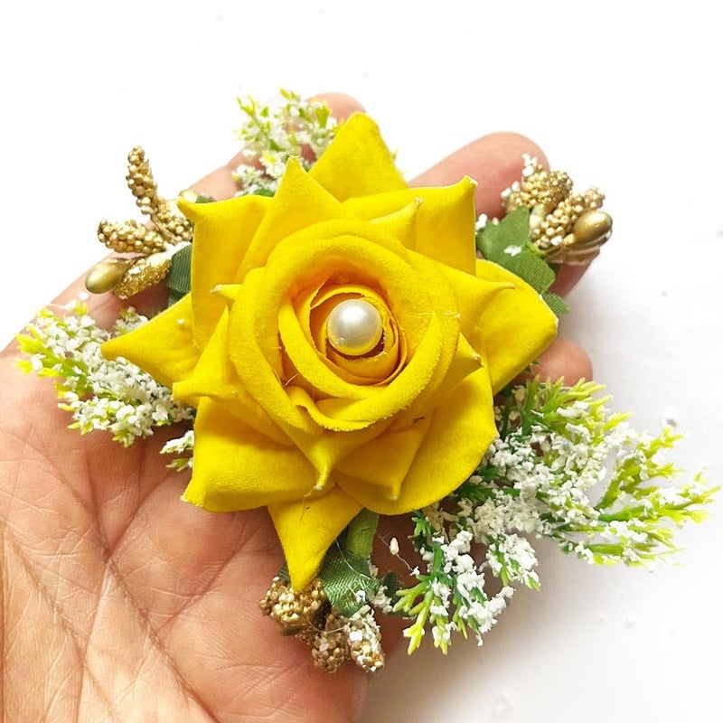 ADIKALA™ Handmade Artificial Fake Rose Flower Bunch, Flower Brooch Hamper, for Decoration, Gifting, Trousseau Packing | Fake Rose Head Flower Bunch Hamper (6, Yellow) - Image 5