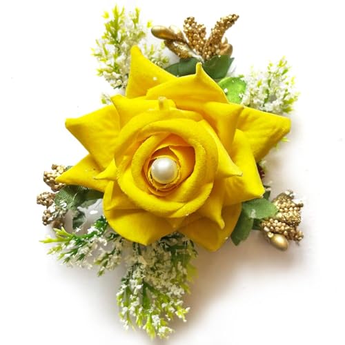 ADIKALA™ Handmade Artificial Fake Rose Flower Bunch, Flower Brooch Hamper, for Decoration, Gifting, Trousseau Packing | Fake Rose Head Flower Bunch Hamper (6, Yellow) - Image 4