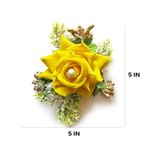 ADIKALA™ Handmade Artificial Fake Rose Flower Bunch, Flower Brooch Hamper, for Decoration, Gifting, Trousseau Packing | Fake Rose Head Flower Bunch Hamper (6, Yellow) - Image 3