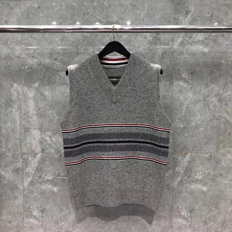 Tb Tom Winter Bird Eye Knitted Vest Striped Casual Fashion All-Match Cashmere Blended Vest For Men And Women - Image 1