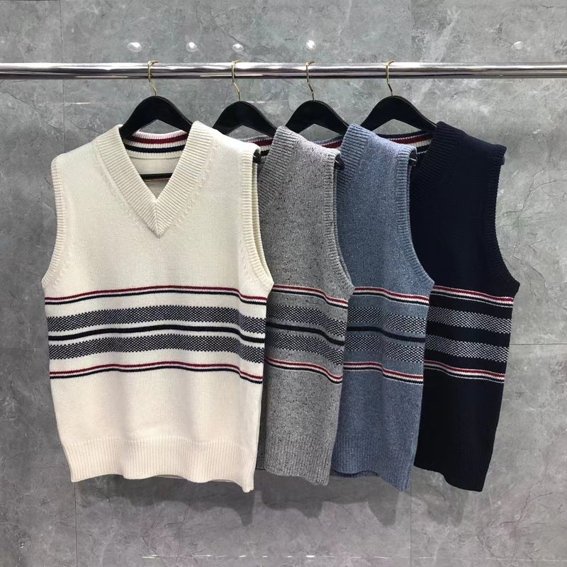 Tb Tom Winter Bird Eye Knitted Vest Striped Casual Fashion All-Match Cashmere Blended Vest For Men And Women - Image 2