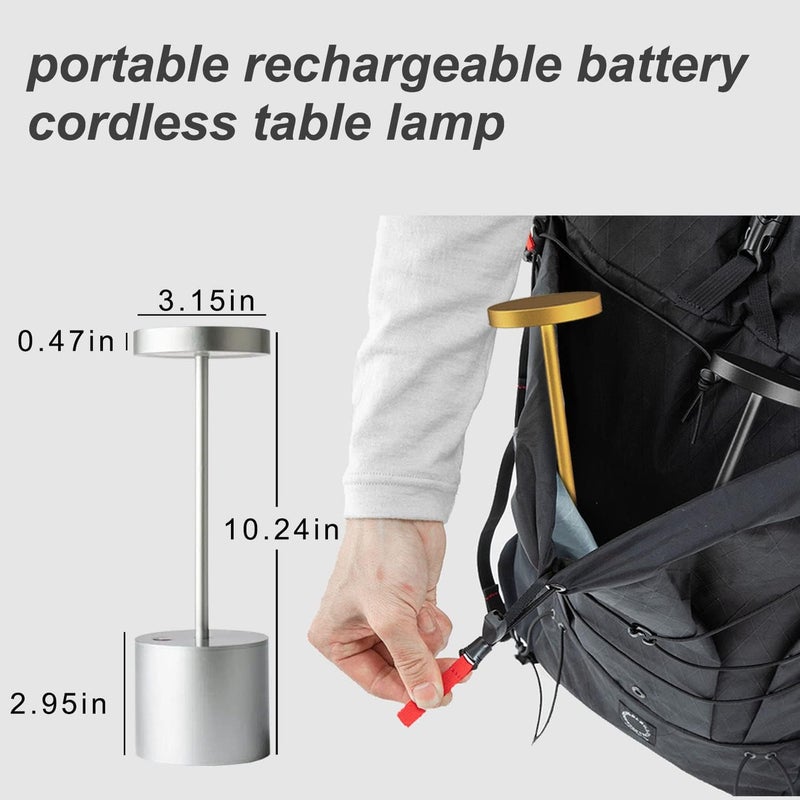 يبين مصباح طاولة لاسلكي، بطارية قابلة لإعادة الشحن 6000mAh، هيكل من الألومنيوم المعدني، LED USB، مصباح مكتب محمول، مستويان من السطوع، ضوء ليلي للمطاعم والبارات والفناء والخارج (فضي) - Image 5