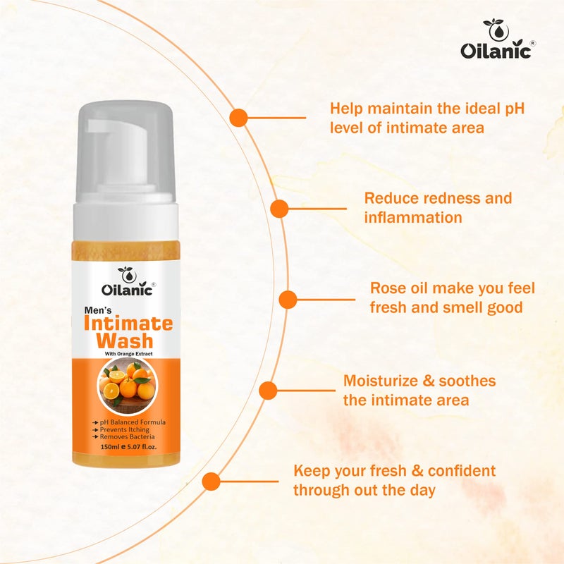 Oilanic Natural Men's Intimate Wash with Orange Extract (Pack of 4, Each 150 ml)|pH-Balanced Hygiene Wash for Daily Freshness and Odor Control Gentle Cleanser for Sensitive Skin Chemical free| - Image 3