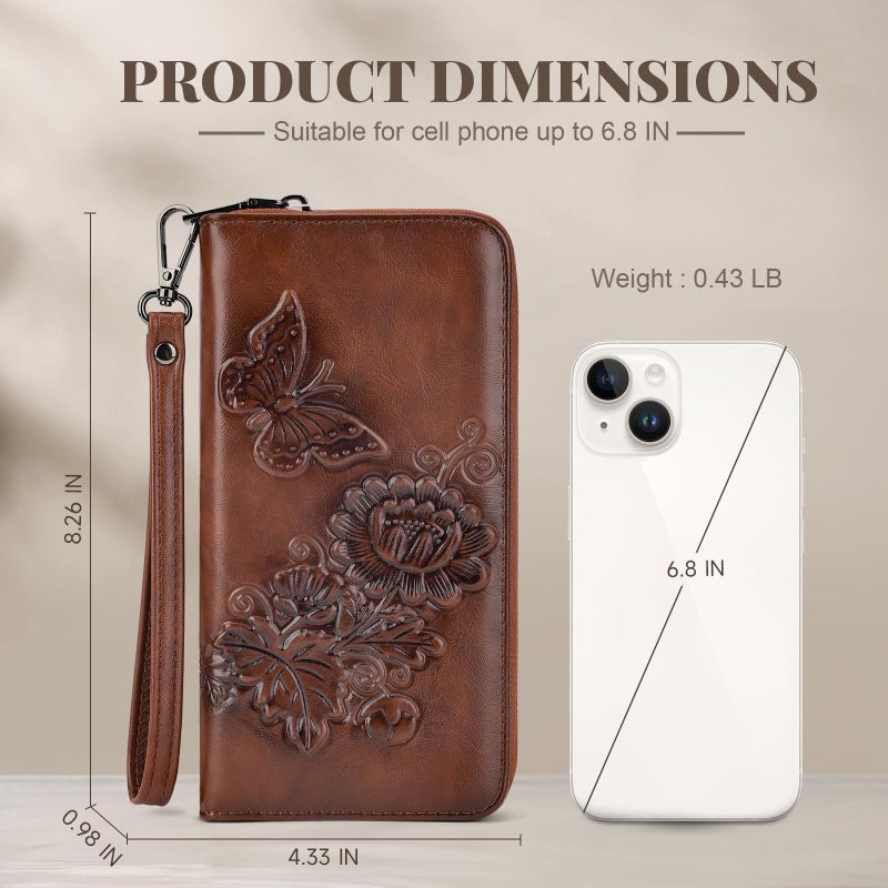 VIMUTI Womens Wallets Rfid Blocking Clutch Long Wallet for Women,Large Capacity Ladies Wallets with Card Slots and Phone Holder Embossed Flower Leather Travel Purse Wristlet Coffee - Image 5
