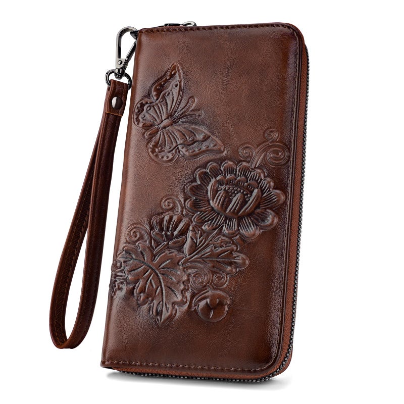 VIMUTI Womens Wallets Rfid Blocking Clutch Long Wallet for Women,Large Capacity Ladies Wallets with Card Slots and Phone Holder Embossed Flower Leather Travel Purse Wristlet Coffee - Image 1