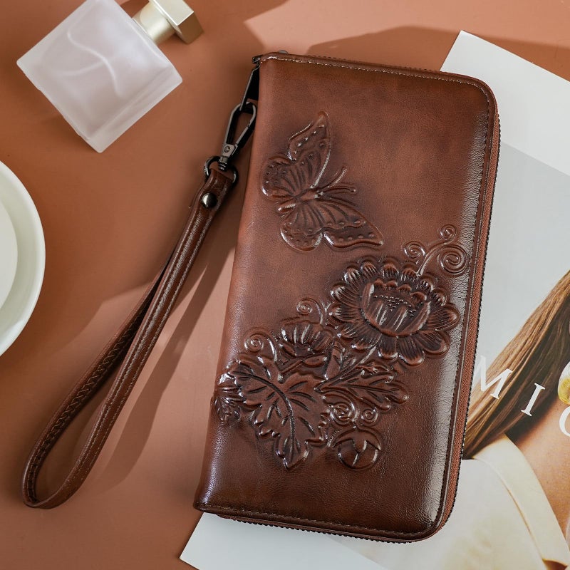 VIMUTI Womens Wallets Rfid Blocking Clutch Long Wallet for Women,Large Capacity Ladies Wallets with Card Slots and Phone Holder Embossed Flower Leather Travel Purse Wristlet Coffee - Image 2