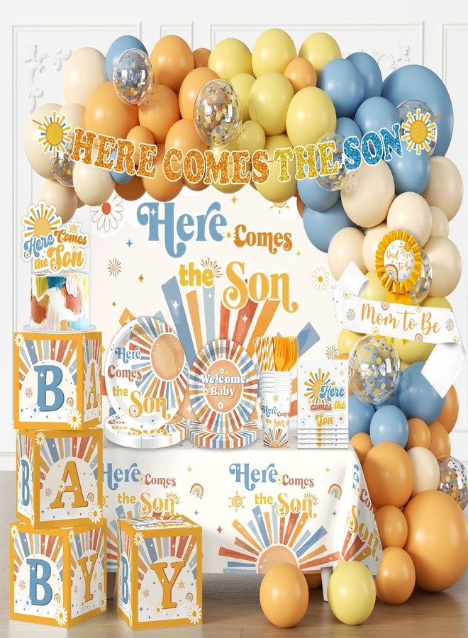 cocomigo Here Comes The Son Baby Shower Decor, Retro Sun and Sunshine Themed Baby Shower Decorations Boy Boho Retro Baby Boy Shower Decor Oh Boy Shower Party Supplies - Image 1