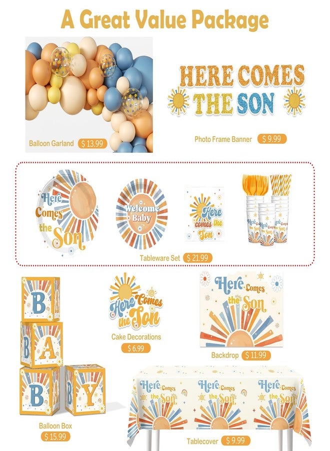 cocomigo Here Comes The Son Baby Shower Decor, Retro Sun and Sunshine Themed Baby Shower Decorations Boy Boho Retro Baby Boy Shower Decor Oh Boy Shower Party Supplies - Image 3