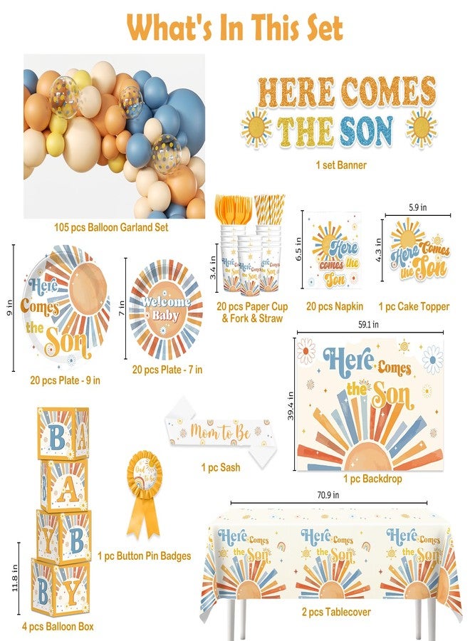 cocomigo Here Comes The Son Baby Shower Decor, Retro Sun and Sunshine Themed Baby Shower Decorations Boy Boho Retro Baby Boy Shower Decor Oh Boy Shower Party Supplies - Image 2