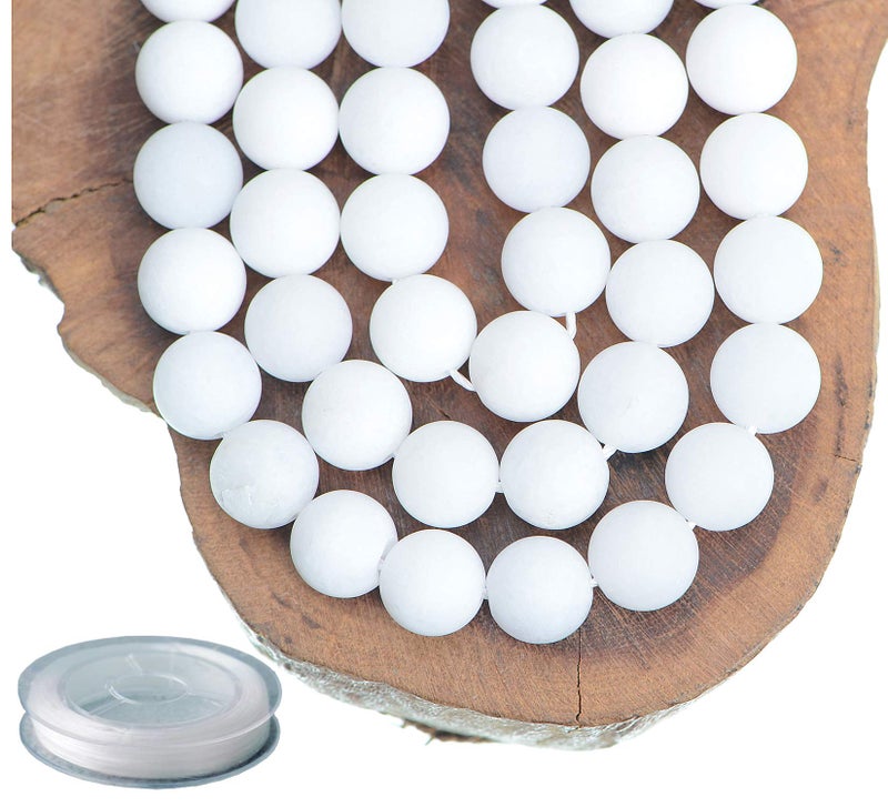 10mm Natural Matte White Alabaster Round Gemstone Frosted 80Pcs Loose Beads for Jewelry Making Bracelet with Stretch Beading Cord LPBeads