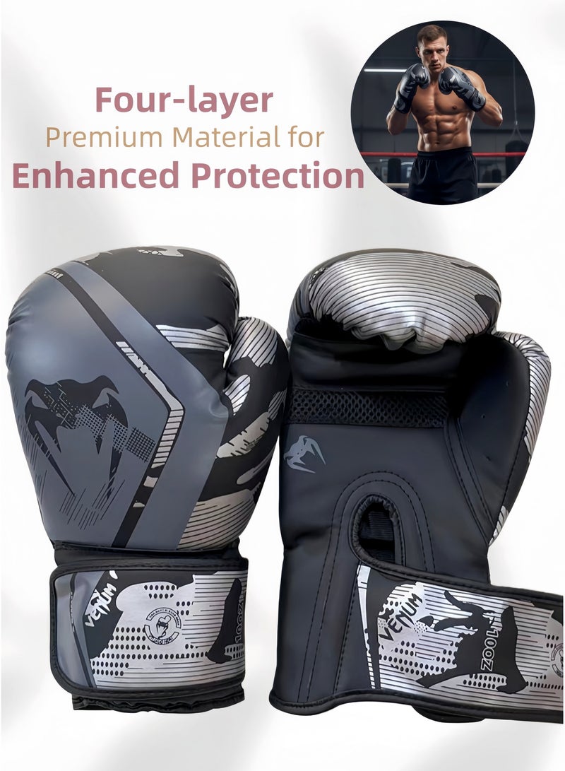 فينوم قفازات ملاكمة رمادية مموهة بوزن 12 أونصة - حزام عريض للغاية لتوفير أقصى دعم للمعصم، تصميم يسمح بالتهوية ويمتص الصدمات، قفازات ملاكمة للرجال والنساء - Image 1