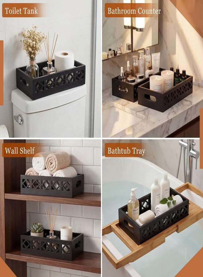 Qunclay 2 Pack Black Toilet Tank Baskets Wooden Toilet Tank Top Paper Baskets with Handle Rustic Hollow Bathroom Paper Organizer Holders Farmhouse Decorative Bathroom Storage Box - Image 4