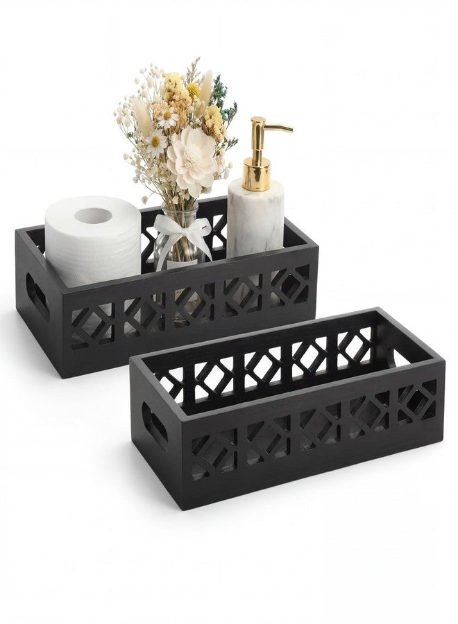 Qunclay 2 Pack Black Toilet Tank Baskets Wooden Toilet Tank Top Paper Baskets with Handle Rustic Hollow Bathroom Paper Organizer Holders Farmhouse Decorative Bathroom Storage Box - Image 1