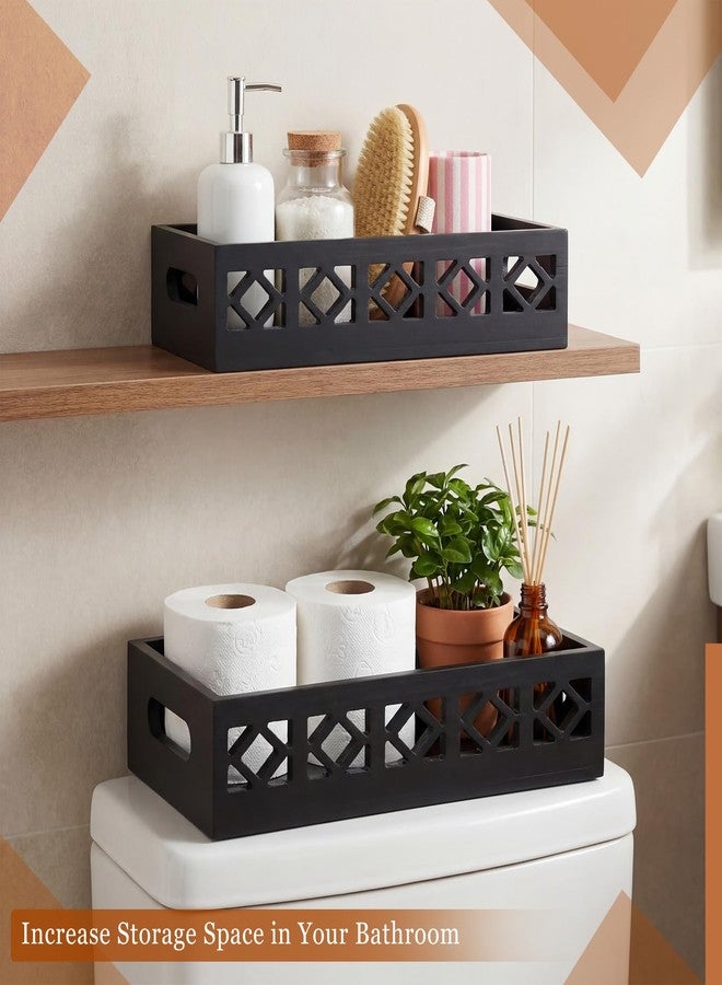 Qunclay 2 Pack Black Toilet Tank Baskets Wooden Toilet Tank Top Paper Baskets with Handle Rustic Hollow Bathroom Paper Organizer Holders Farmhouse Decorative Bathroom Storage Box - Image 5