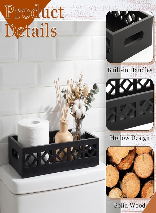 Qunclay 2 Pack Black Toilet Tank Baskets Wooden Toilet Tank Top Paper Baskets with Handle Rustic Hollow Bathroom Paper Organizer Holders Farmhouse Decorative Bathroom Storage Box - Image 3
