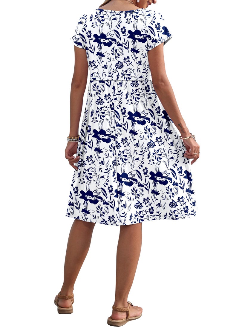 AUSELILY Women's Summer Short Sleeve Knee-Length Dresses Round Neck Loose Dress with Pockets 2026 New, Flowers Leaves White XL - Image 4