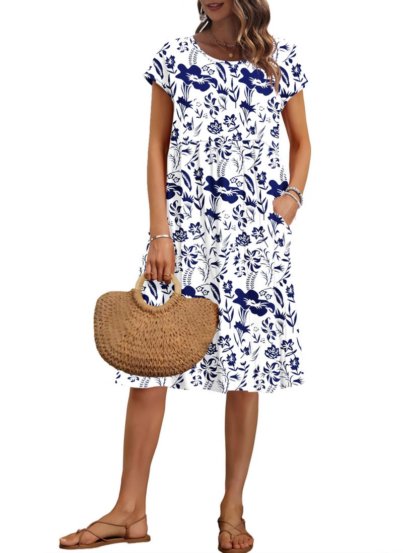 AUSELILY Women's Summer Short Sleeve Knee-Length Dresses Round Neck Loose Dress with Pockets 2026 New, Flowers Leaves White XL - Image 1