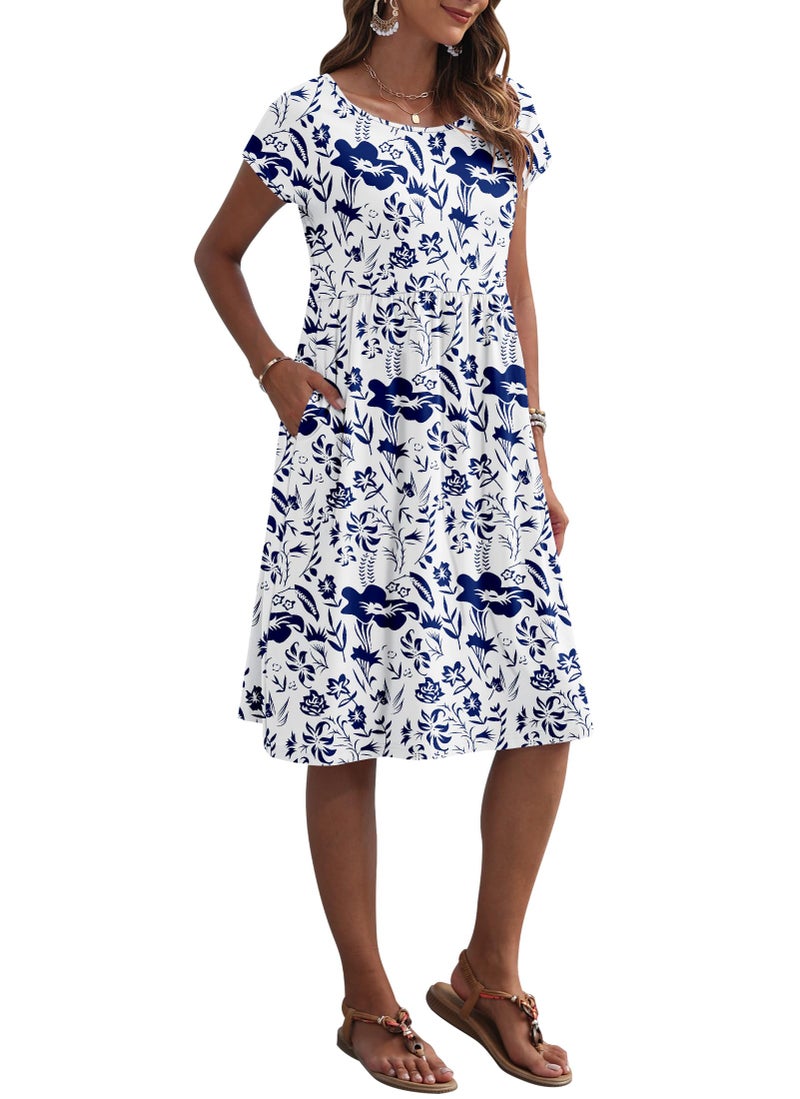 AUSELILY Women's Summer Short Sleeve Knee-Length Dresses Round Neck Loose Dress with Pockets 2026 New, Flowers Leaves White XL - Image 2