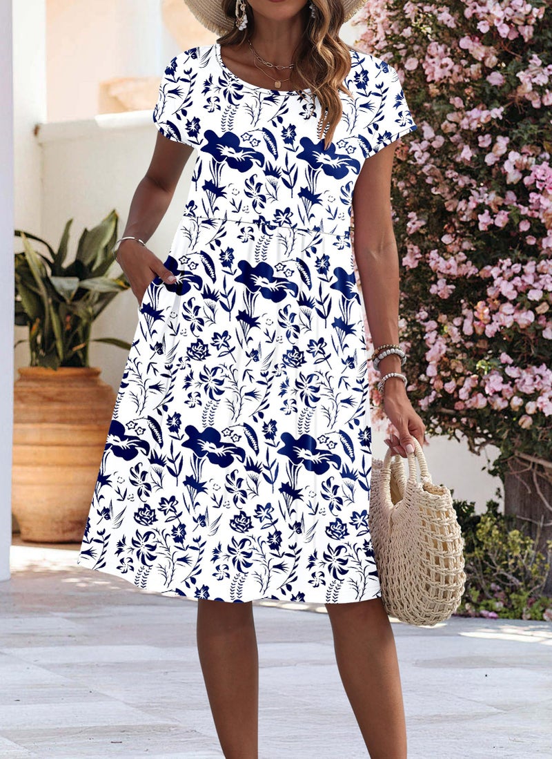 AUSELILY Women's Summer Short Sleeve Knee-Length Dresses Round Neck Loose Dress with Pockets 2026 New, Flowers Leaves White XL - Image 3