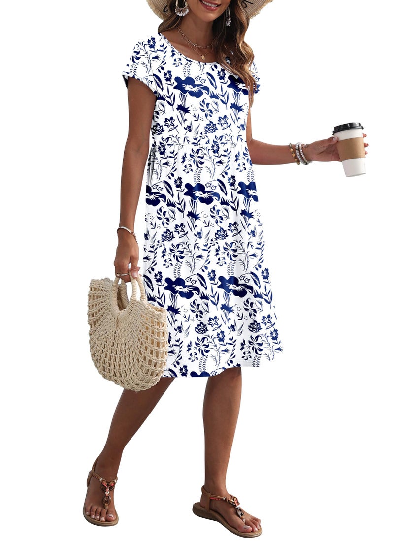AUSELILY Women's Summer Short Sleeve Knee-Length Dresses Round Neck Loose Dress with Pockets 2026 New, Flowers Leaves White XL - Image 5