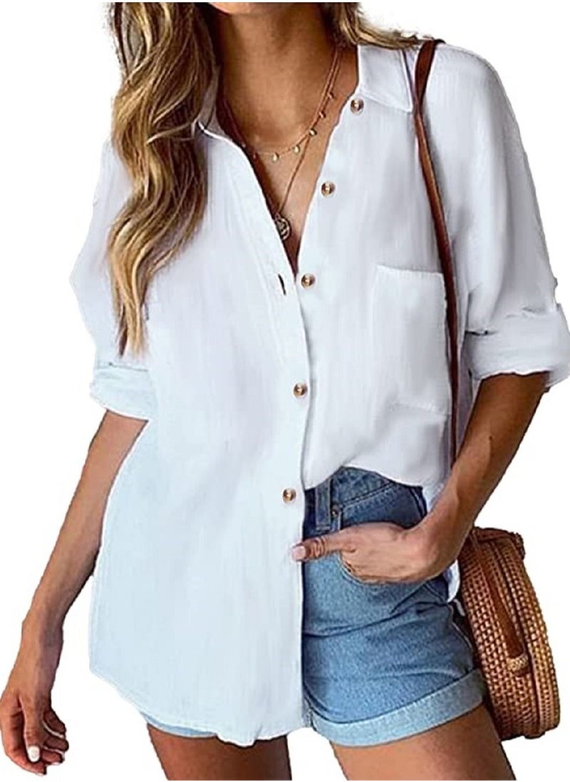 SunSet - Sunset Women Button Down Casual Blouse Tops Off White - Image 1