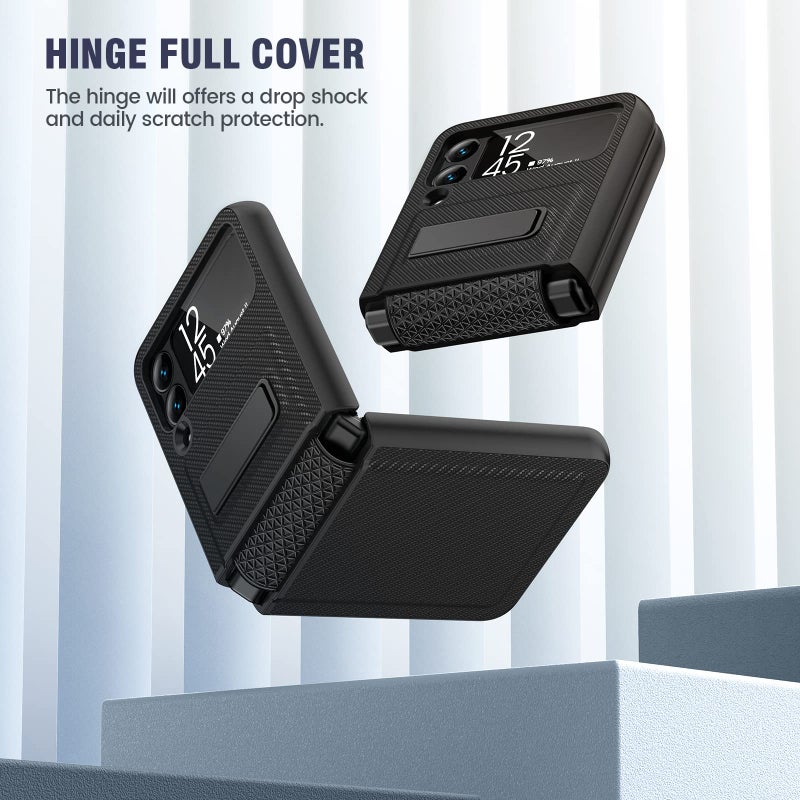 Caka Compatible for Galaxy Z Flip 3 5G Kickstand Case, Z Flip 3 Case with Camera Protector Hinge Protection Wireless Charging Cover for Samsung Galaxy Z Flip 3 (Carbon Fiber Black) - Image 5