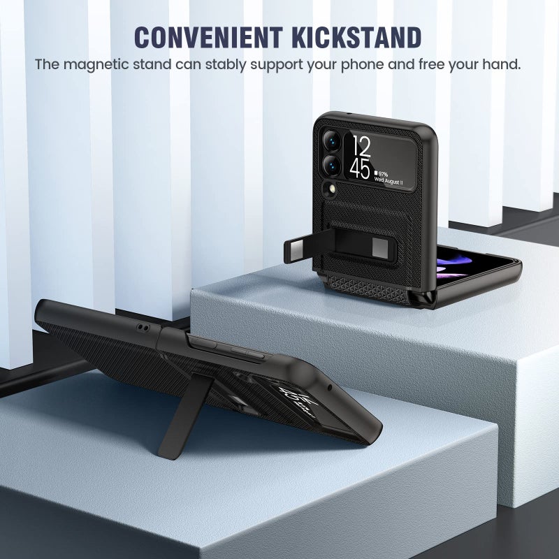 Caka Compatible for Galaxy Z Flip 3 5G Kickstand Case, Z Flip 3 Case with Camera Protector Hinge Protection Wireless Charging Cover for Samsung Galaxy Z Flip 3 (Carbon Fiber Black) - Image 3