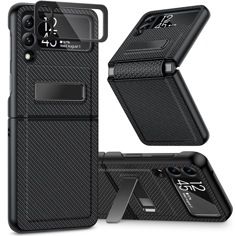 Caka Compatible for Galaxy Z Flip 3 5G Kickstand Case, Z Flip 3 Case with Camera Protector Hinge Protection Wireless Charging Cover for Samsung Galaxy Z Flip 3 (Carbon Fiber Black) - Image 1