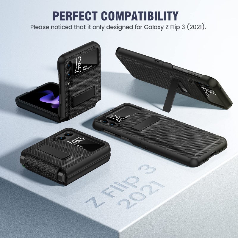 Caka Compatible for Galaxy Z Flip 3 5G Kickstand Case, Z Flip 3 Case with Camera Protector Hinge Protection Wireless Charging Cover for Samsung Galaxy Z Flip 3 (Carbon Fiber Black) - Image 2